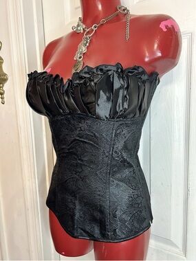 Black Satin Ruffle Bustier Corset Lace Up Sexy Corset Zipper- size Medium M